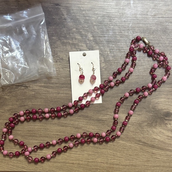 Jewelry - Pink Agate Drop Earrings + Beaded Necklace